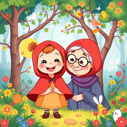 A charming cartoon illustration of a dear little girl with a bright smile, wearing a red hooded cape, surrounded by a vibrant forest