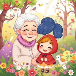 A charming cartoon illustration of a dear little girl with a bright smile, wearing a red hooded cape, surrounded by a vibrant forest
