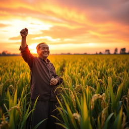 A triumphant and joyful Pak Sarman standing proudly in a lush, fully recovered rice field, surrounded by golden stalks of rice ready for harvest