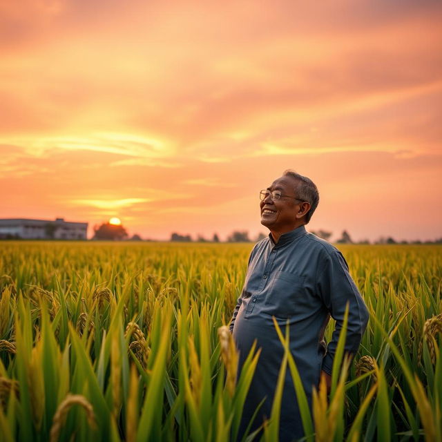 A triumphant and joyful Pak Sarman standing proudly in a lush, fully recovered rice field, surrounded by golden stalks of rice ready for harvest