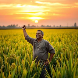 A triumphant and joyful Pak Sarman standing proudly in a lush, fully recovered rice field, surrounded by golden stalks of rice ready for harvest