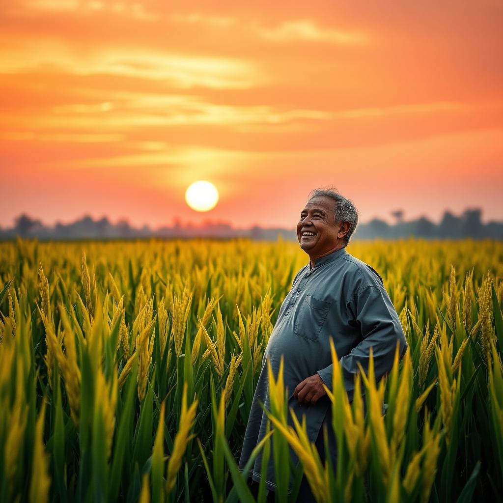 A triumphant and joyful Pak Sarman standing proudly in a lush, fully recovered rice field, surrounded by golden stalks of rice ready for harvest