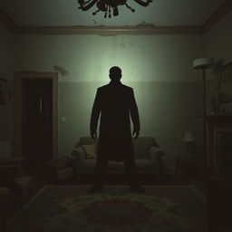 A spooky scene showcasing the shadow of a tall, intimidating man cast on the distressed wall of an old living room