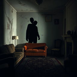 A spooky scene showcasing the shadow of a tall, intimidating man cast on the distressed wall of an old living room