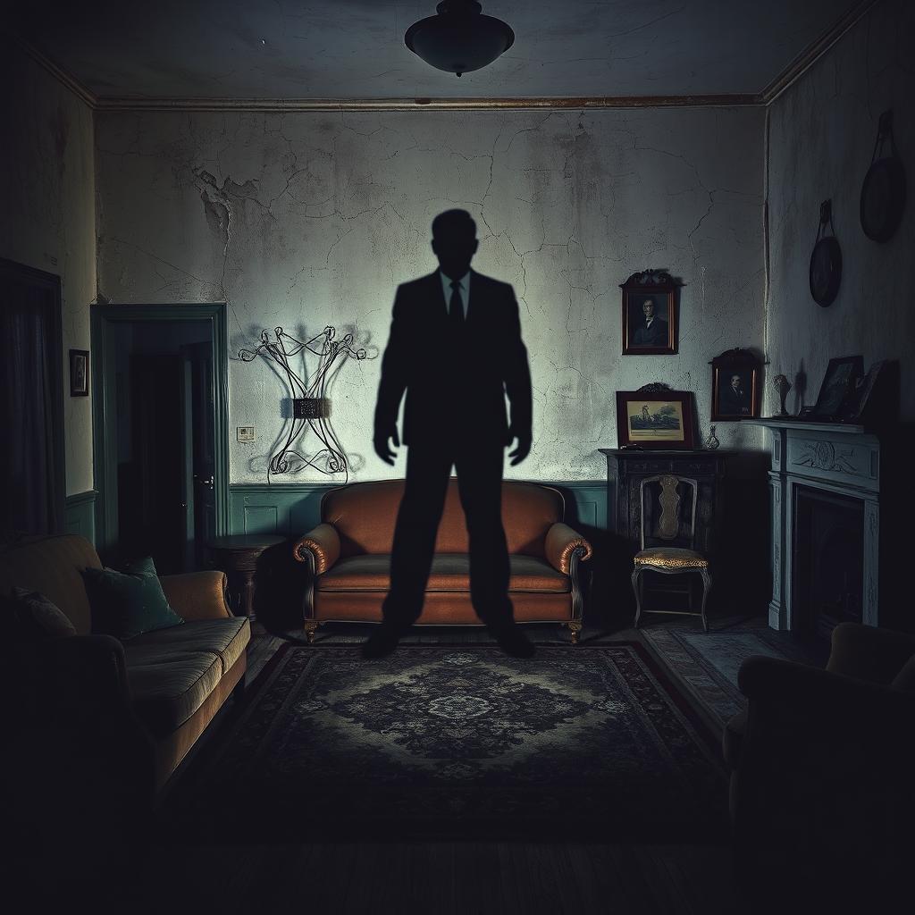 A spooky scene showcasing the shadow of a tall, intimidating man cast on the distressed wall of an old living room