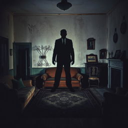 A spooky scene showcasing the shadow of a tall, intimidating man cast on the distressed wall of an old living room