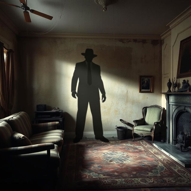 A spooky scene showcasing the shadow of a tall, intimidating man cast on the distressed wall of an old living room