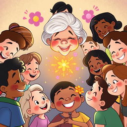 A whimsical cartoon scene featuring a grandmother smiling down at the center of the image, surrounded by a diverse group of people, all with joyful expressions as they look at the center