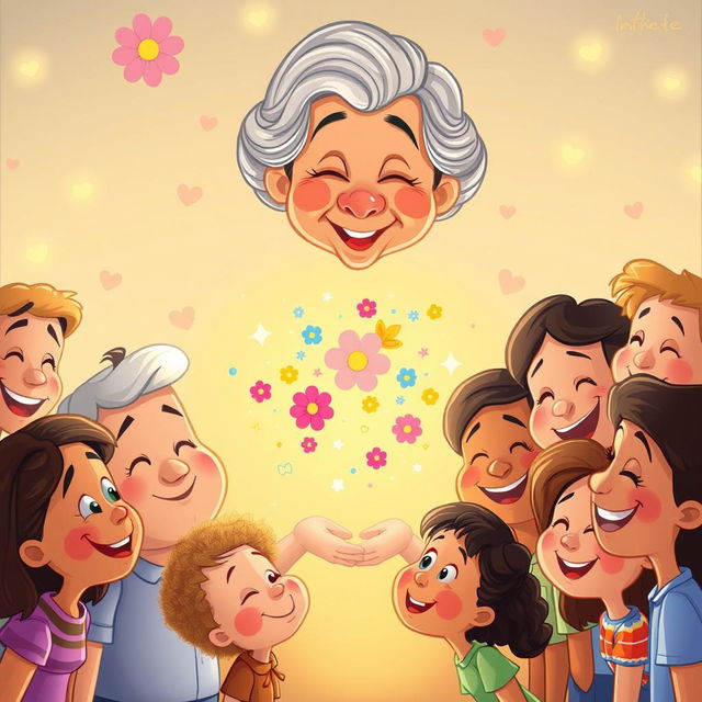 A whimsical cartoon scene featuring a grandmother smiling down at the center of the image, surrounded by a diverse group of people, all with joyful expressions as they look at the center