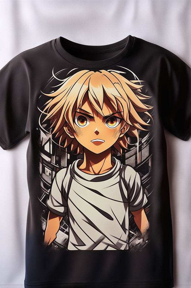 A 32k HD product editorial photograph of a graphic tee featuring a detailed anime boy