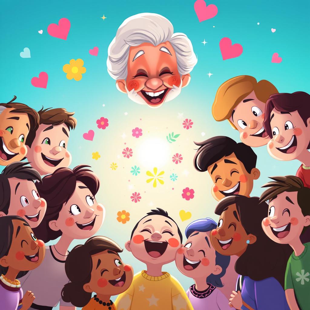 A whimsical cartoon scene featuring a grandmother smiling down at the center of the image, surrounded by a diverse group of people, all with joyful expressions as they look at the center