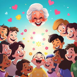 A whimsical cartoon scene featuring a grandmother smiling down at the center of the image, surrounded by a diverse group of people, all with joyful expressions as they look at the center