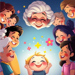 A whimsical cartoon scene featuring a grandmother smiling down at the center of the image, surrounded by a diverse group of people, all with joyful expressions as they look at the center
