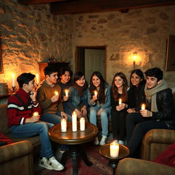 Several Iranian teenagers gathered in an old, rustic house, the ambiance illuminated by flickering candles casting soft shadows on the stone walls