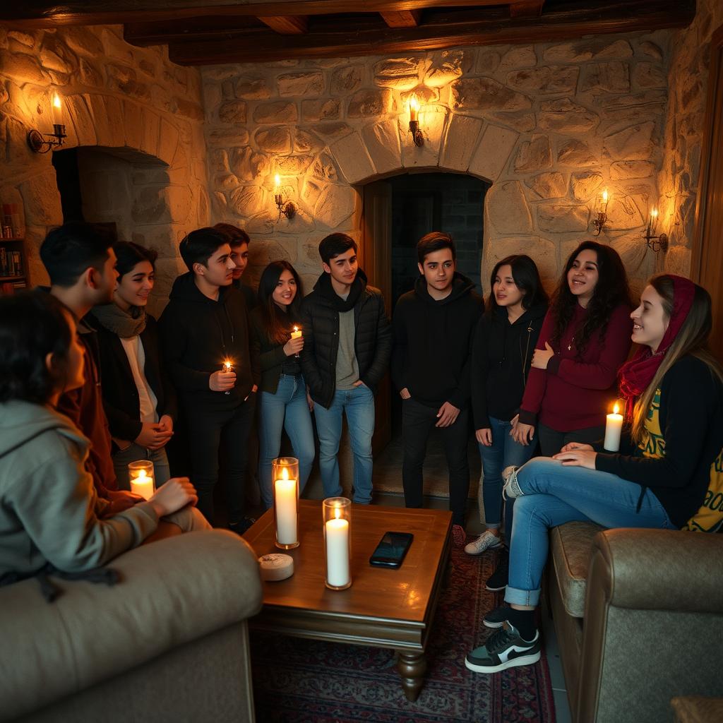 Several Iranian teenagers gathered in an old, rustic house, the ambiance illuminated by flickering candles casting soft shadows on the stone walls