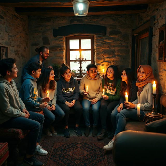 Several Iranian teenagers gathered in an old, rustic house, the ambiance illuminated by flickering candles casting soft shadows on the stone walls