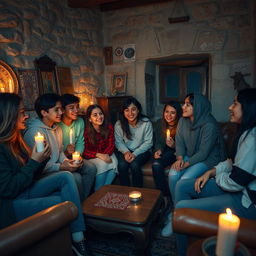 Several Iranian teenagers gathered in an old, rustic house, the ambiance illuminated by flickering candles casting soft shadows on the stone walls