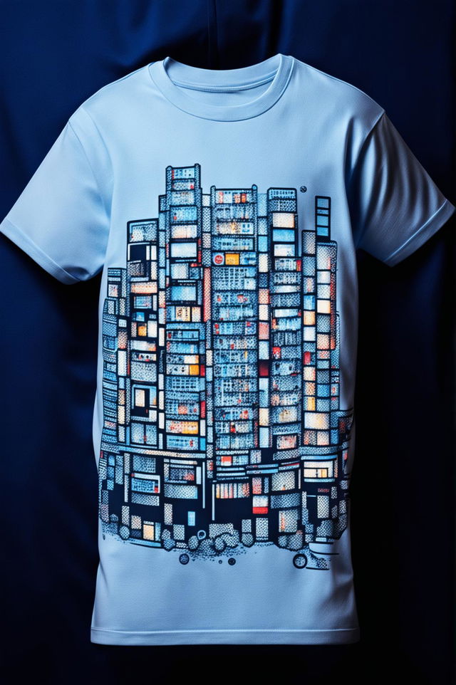 A 32k HD product editorial photo of a light blue graphic tee featuring a detailed Tokyo cityscape