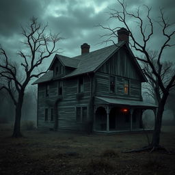 A very old, spooky house sitting in a desolate landscape, surrounded by gnarled trees and creeping vines