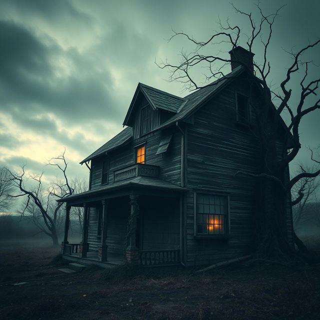 A very old, spooky house sitting in a desolate landscape, surrounded by gnarled trees and creeping vines