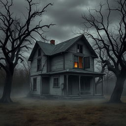 A very old, spooky house sitting in a desolate landscape, surrounded by gnarled trees and creeping vines