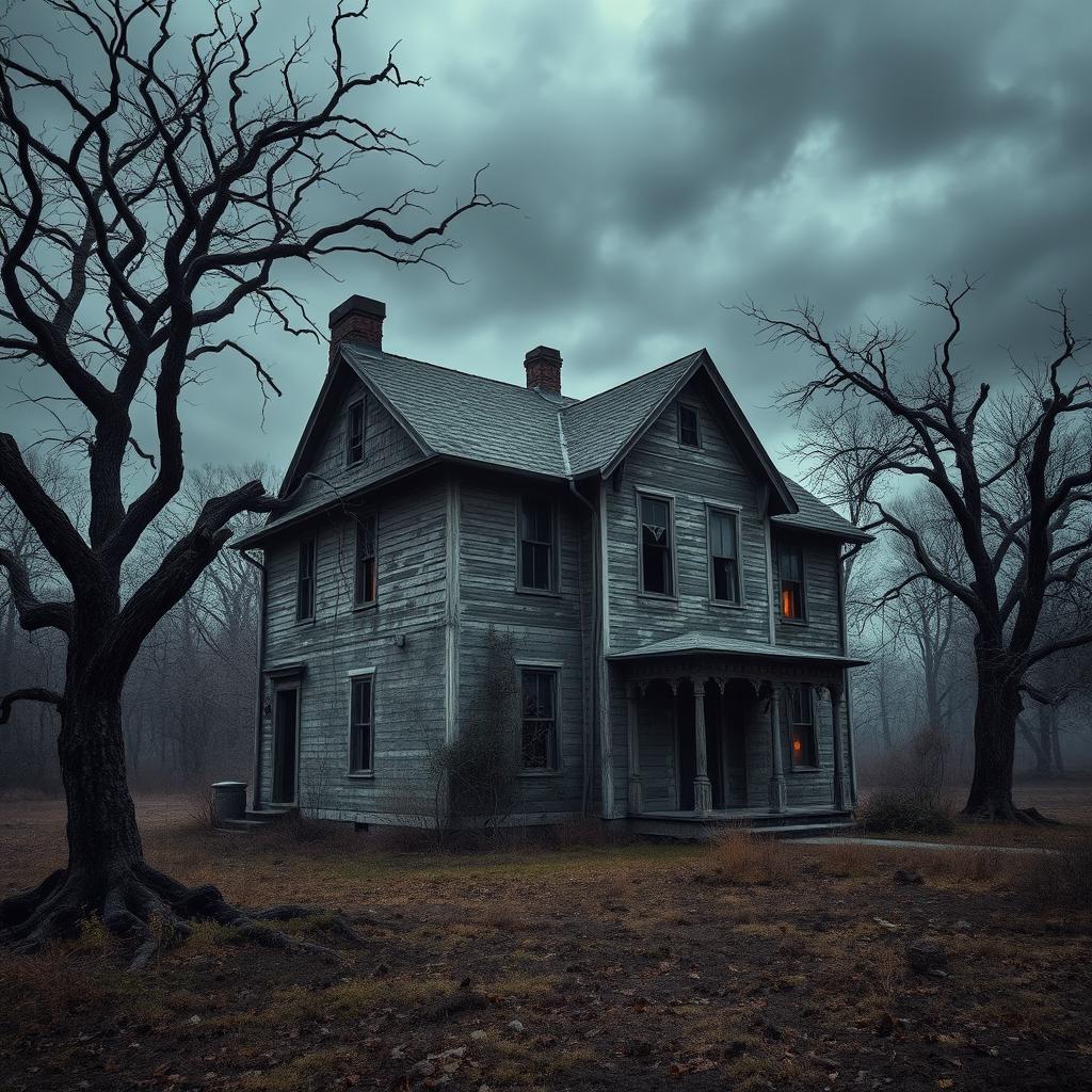 A very old, spooky house sitting in a desolate landscape, surrounded by gnarled trees and creeping vines