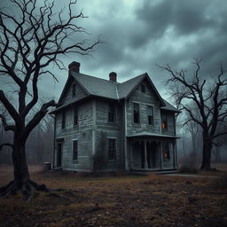 A very old, spooky house sitting in a desolate landscape, surrounded by gnarled trees and creeping vines