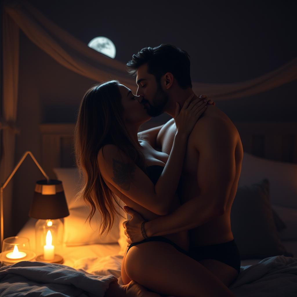 A romantic scene depicting a man kissing a beautiful, sexy woman in a dimly lit bedroom at night