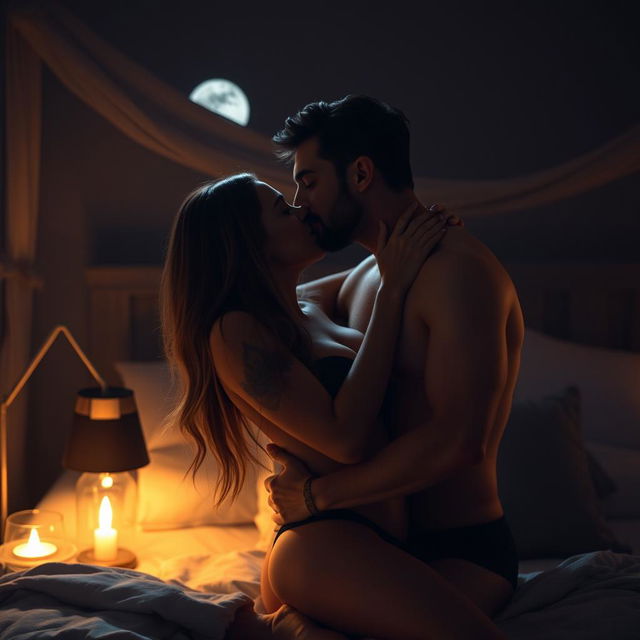 A romantic scene depicting a man kissing a beautiful, sexy woman in a dimly lit bedroom at night