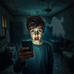 In an abandoned old house with dusty floors and cracked walls, a teenage boy is holding his phone with the light turned on, illuminating his scared face