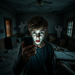 In an abandoned old house with dusty floors and cracked walls, a teenage boy is holding his phone with the light turned on, illuminating his scared face