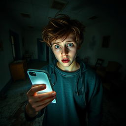 In an abandoned old house with dusty floors and cracked walls, a teenage boy is holding his phone with the light turned on, illuminating his scared face