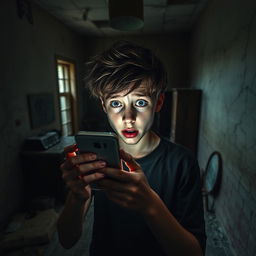 In an abandoned old house with dusty floors and cracked walls, a teenage boy is holding his phone with the light turned on, illuminating his scared face