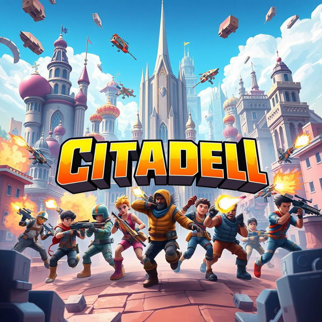 A vibrant and dynamic cover art for a first-person shooter video game titled 'Citadel'