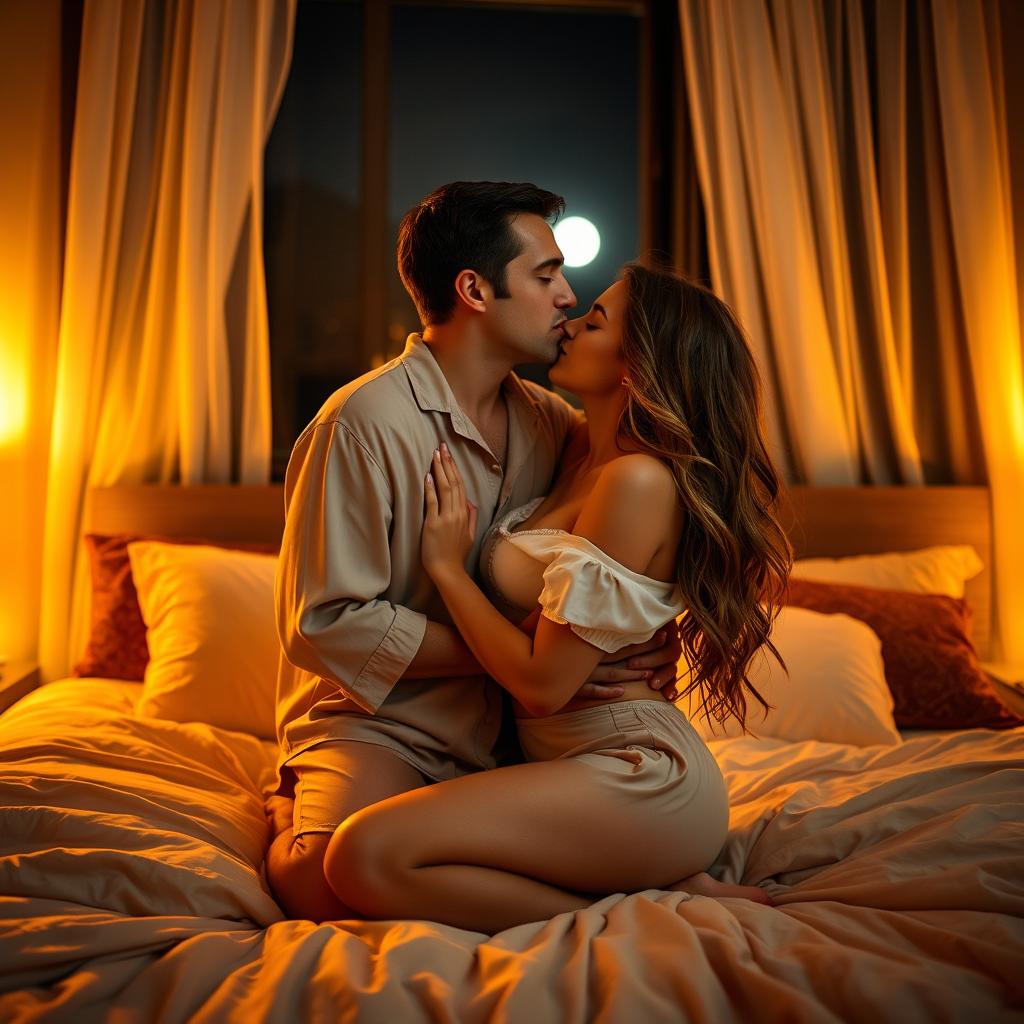 A romantic scene capturing a man kissing a beautiful, sexy woman wearing soft and stylish pajamas in a cozy bedroom at night