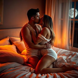 A romantic scene capturing a man kissing a beautiful, sexy woman wearing soft and stylish pajamas in a cozy bedroom at night