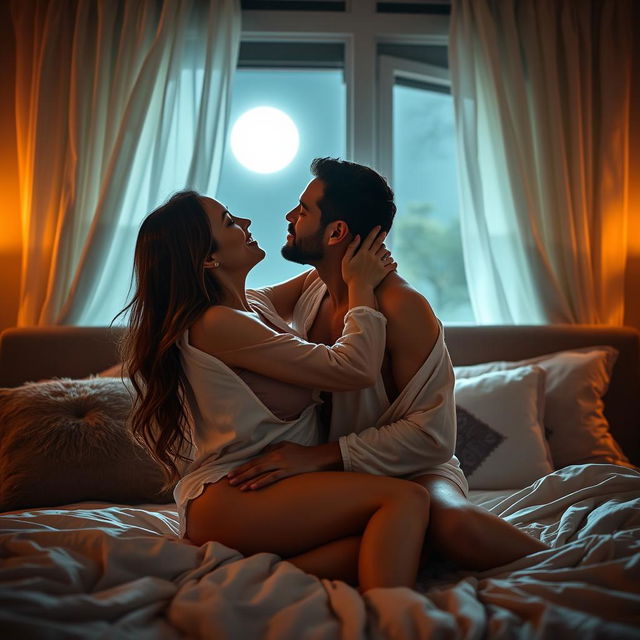 A romantic scene capturing a man kissing a beautiful, sexy woman wearing soft and stylish pajamas in a cozy bedroom at night