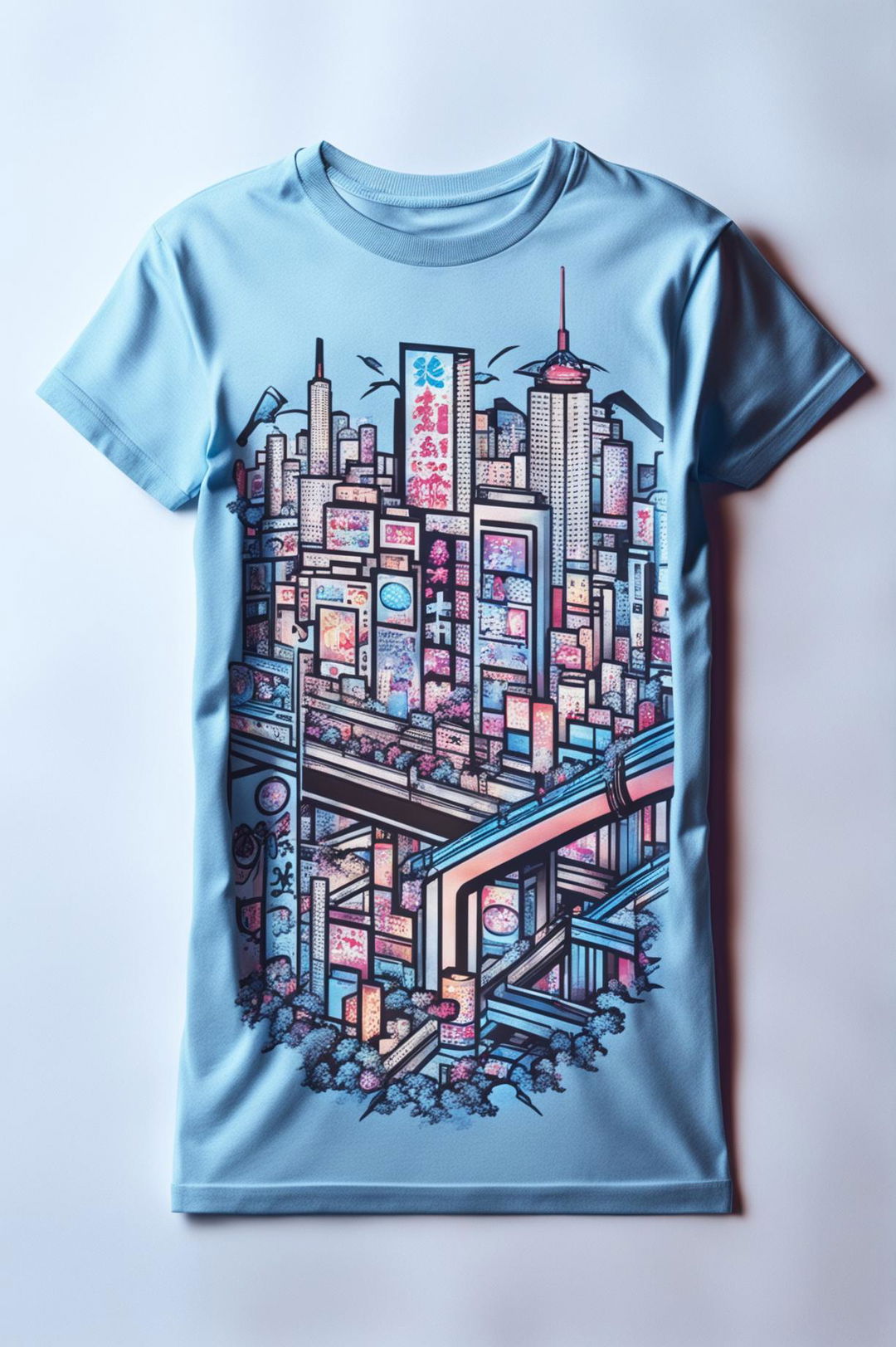 A 32k HD product editorial photo of a light blue graphic tee featuring a detailed anime-style Tokyo cityscape