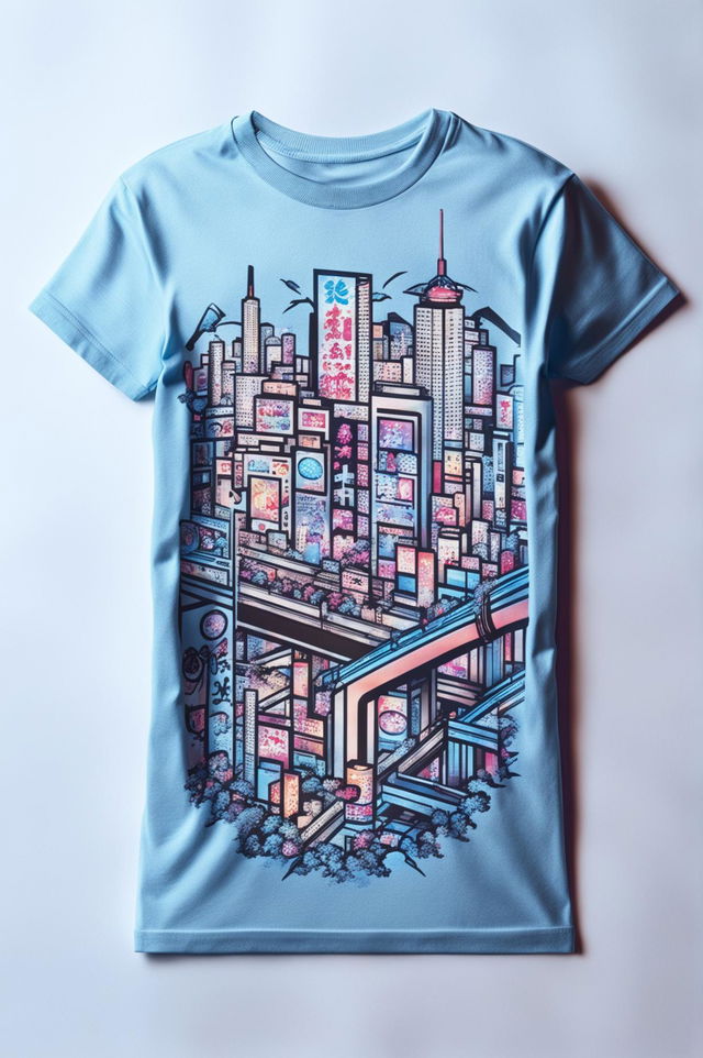 A 32k HD product editorial photo of a light blue graphic tee featuring a detailed anime-style Tokyo cityscape