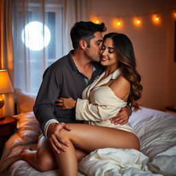 A romantic scene featuring a man passionately kissing a beautiful, sexy woman who is wearing soft and stylish pajamas in a cozy bedroom at night