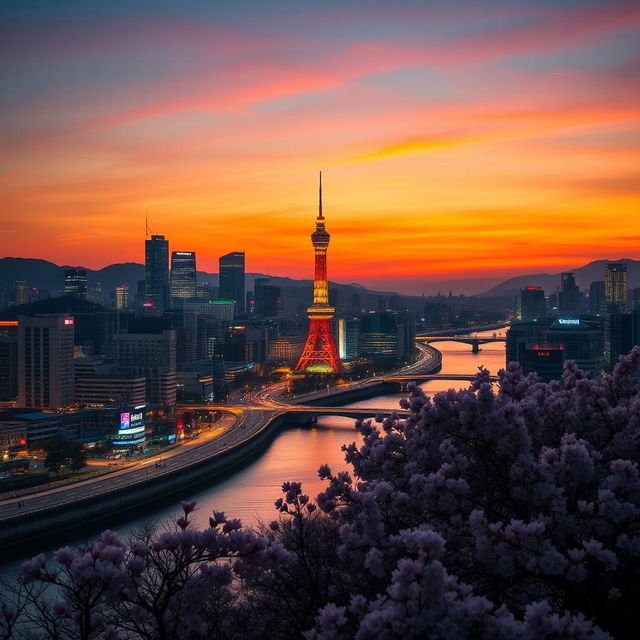 A stunning cityscape of Seoul at dusk, showcasing the vibrant lights of bustling streets and towering skyscrapers