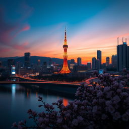 A stunning cityscape of Seoul at dusk, showcasing the vibrant lights of bustling streets and towering skyscrapers