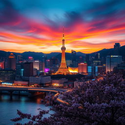 A stunning cityscape of Seoul at dusk, showcasing the vibrant lights of bustling streets and towering skyscrapers