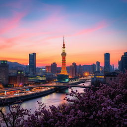 A stunning cityscape of Seoul at dusk, showcasing the vibrant lights of bustling streets and towering skyscrapers