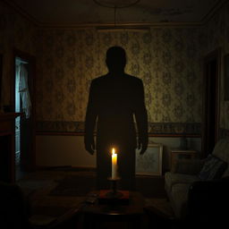 A chilling scene featuring the shadow of a tall man with hunched shoulders and a completely black, ominous face cast against the wall in the living room of an old, decrepit house