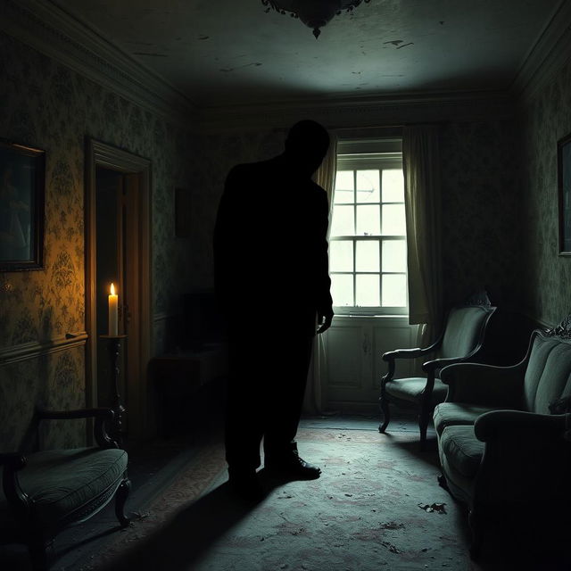 A chilling scene featuring the shadow of a tall man with hunched shoulders and a completely black, ominous face cast against the wall in the living room of an old, decrepit house