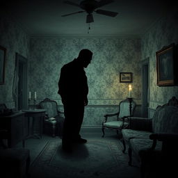 A chilling scene featuring the shadow of a tall man with hunched shoulders and a completely black, ominous face cast against the wall in the living room of an old, decrepit house