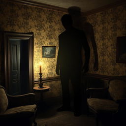 A chilling scene featuring the shadow of a tall man with hunched shoulders and a completely black, ominous face cast against the wall in the living room of an old, decrepit house