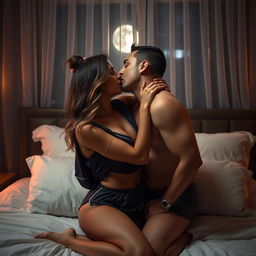 A romantic scene featuring a man kissing a beautiful, sexy woman dressed in stylish pajamas in a cozy bedroom at night