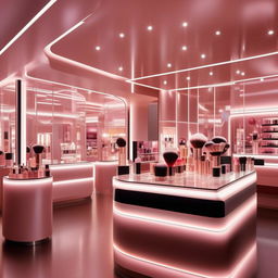 Display a glamorous cosmetics shop featuring an optimal, modern light system. Highlight the illuminating fixtures on sleek makeup displays and ambient lighting that enhances the vibrancy of the products